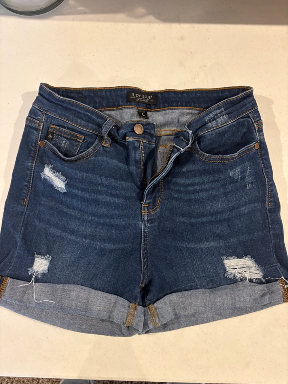 Judy Blue Medium Dark Wash Distressed Rolled Hem Jean Shorts - Blue